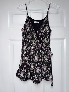 Pink Lily Black Floral Wrap Romper with Purple & Green Blooms